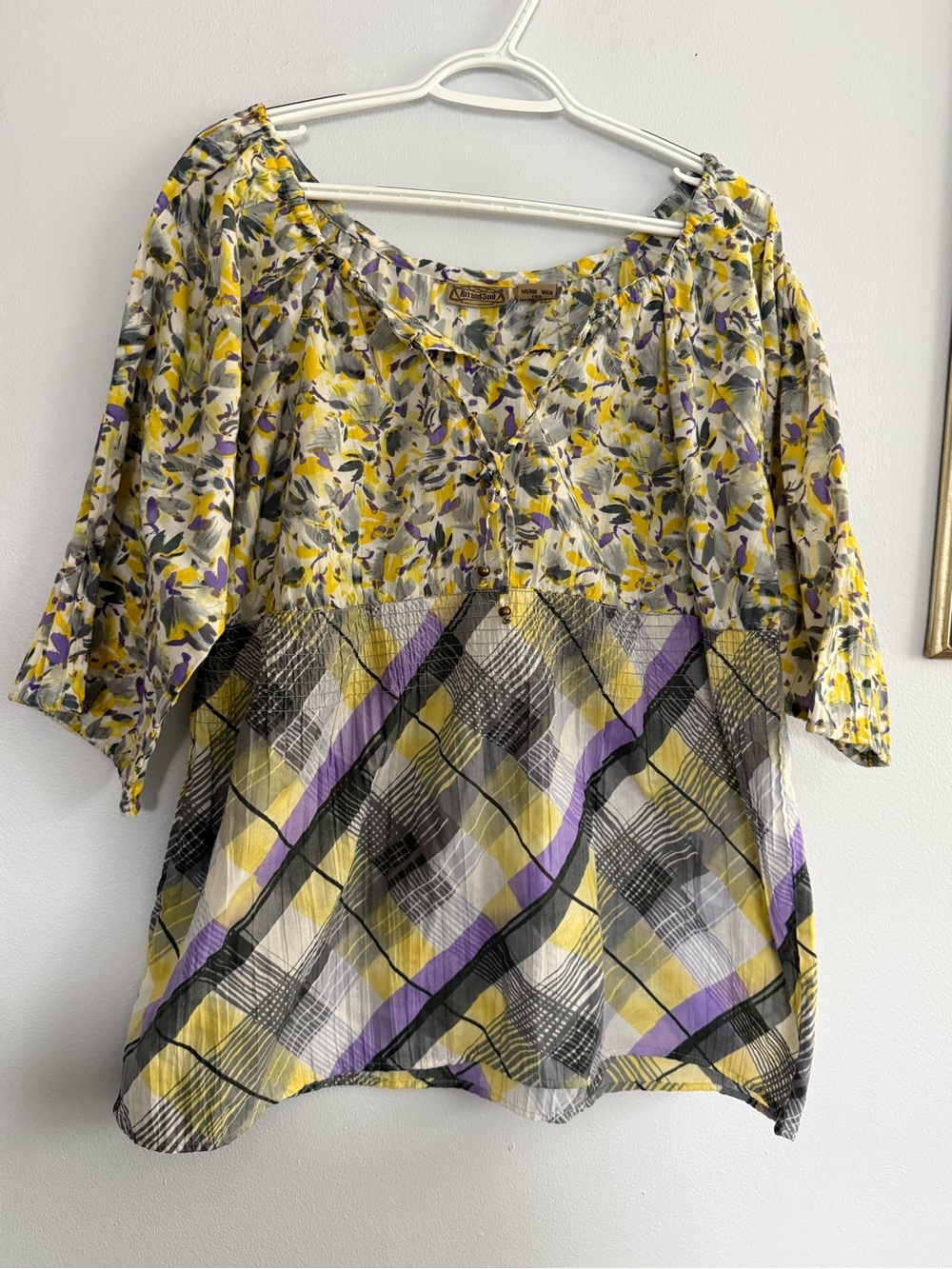 Art And Soul Yellow & Purple Floral-Plaid Mixed Print Tunic